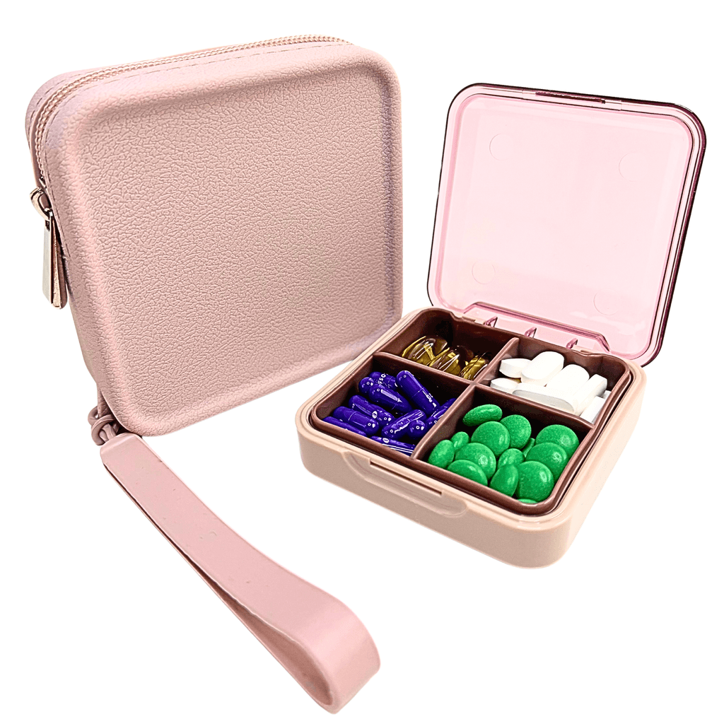 Pink Travel Pill Organizer with Silicone Pouch detailed view NaN showing product features
